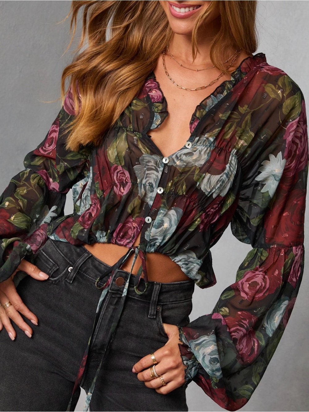 Vici Burgundy & Green Floral Sheer Button-Front Crop Top NWOT